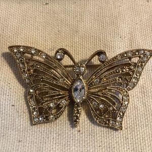Gold-Tone Filigree & Rhinestone Butterfly Brooch